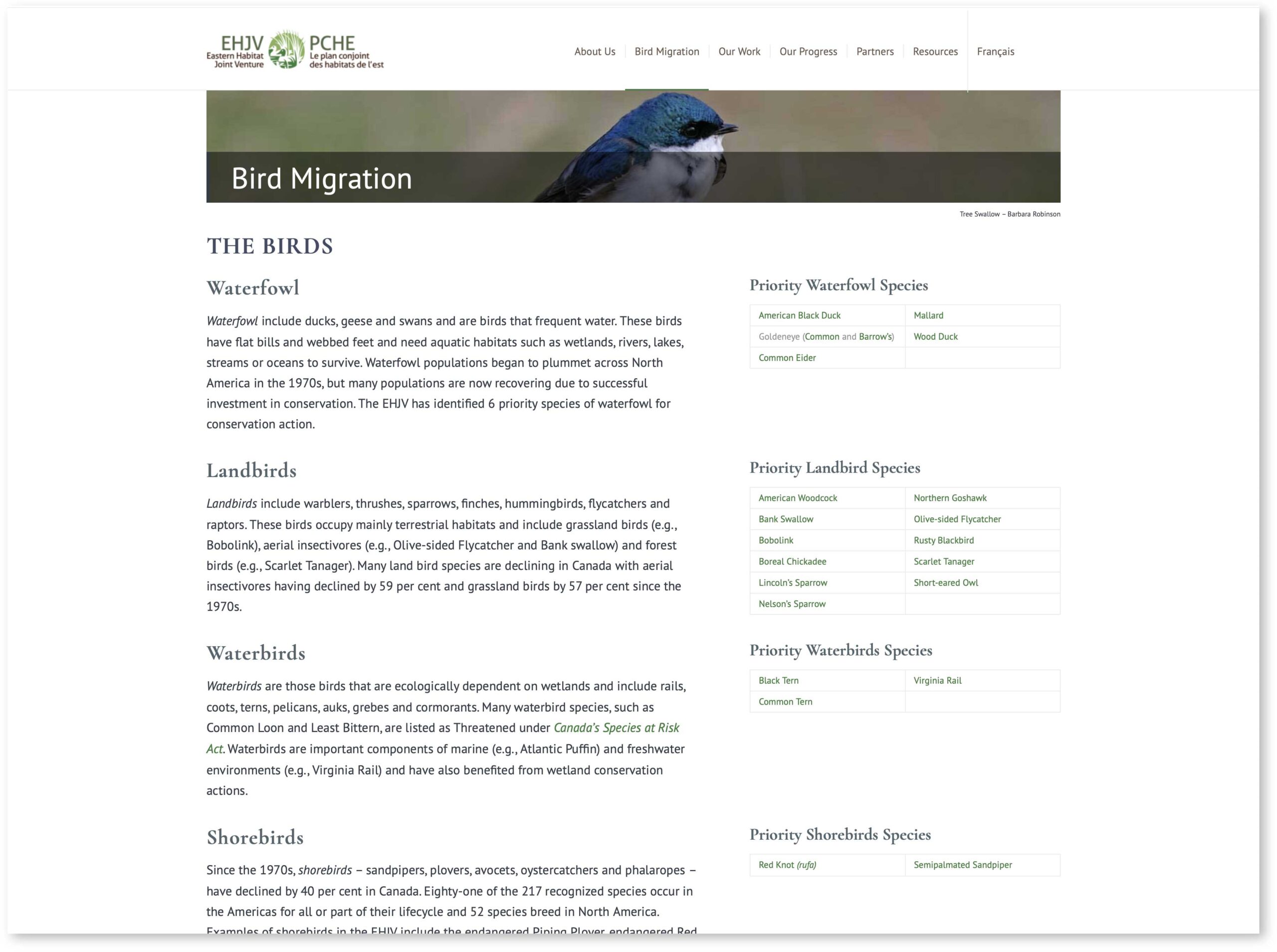 Eastern Habitat Joint Venture Website screen
