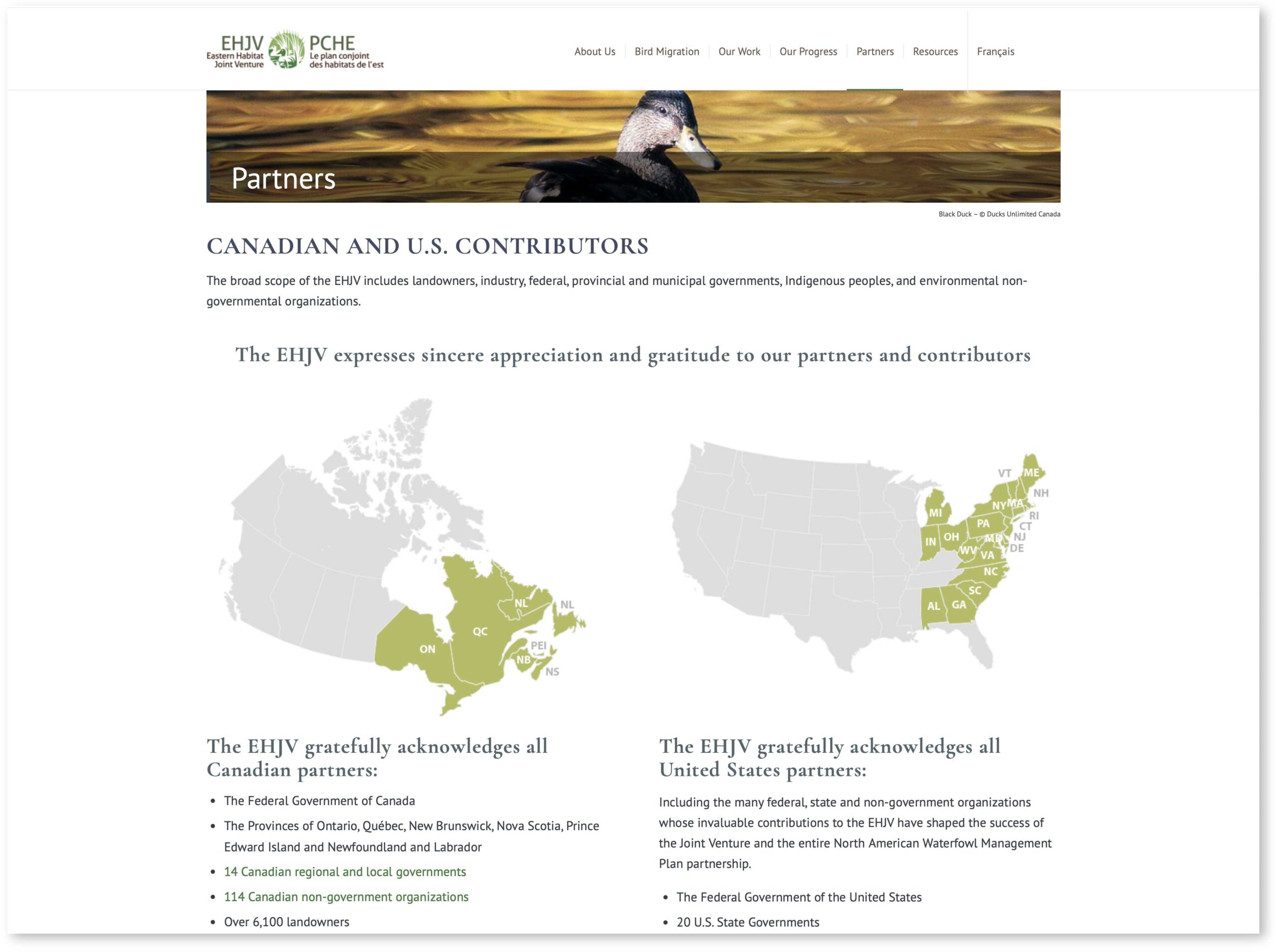 Eastern Habitat Joint Venture Website screen